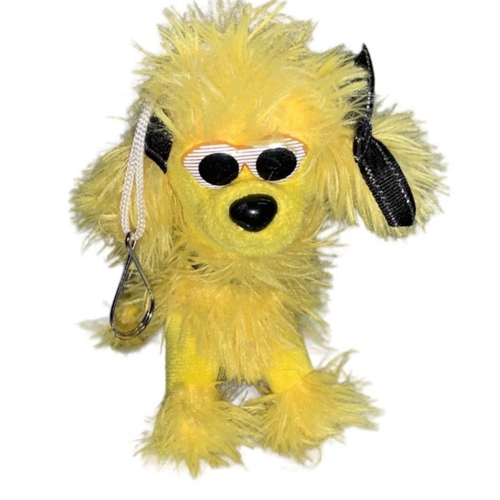 5" Vintage yellow poodle backpack clip plush sunglasses black & silver bows